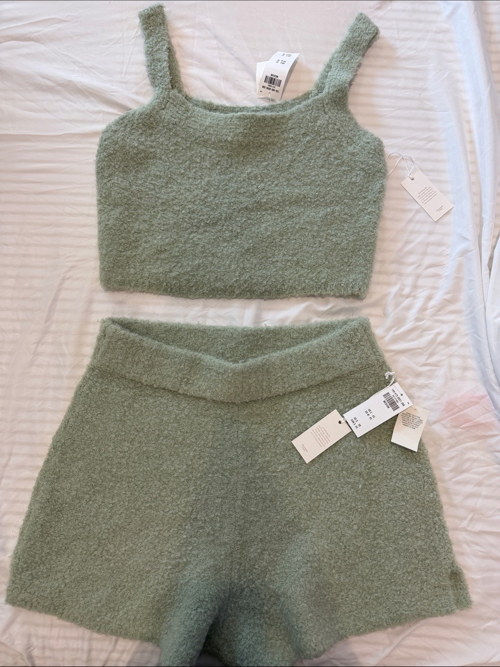 Abercrombie & Fitch Sage Green Fuzzy Knit Shorts Set with matching top